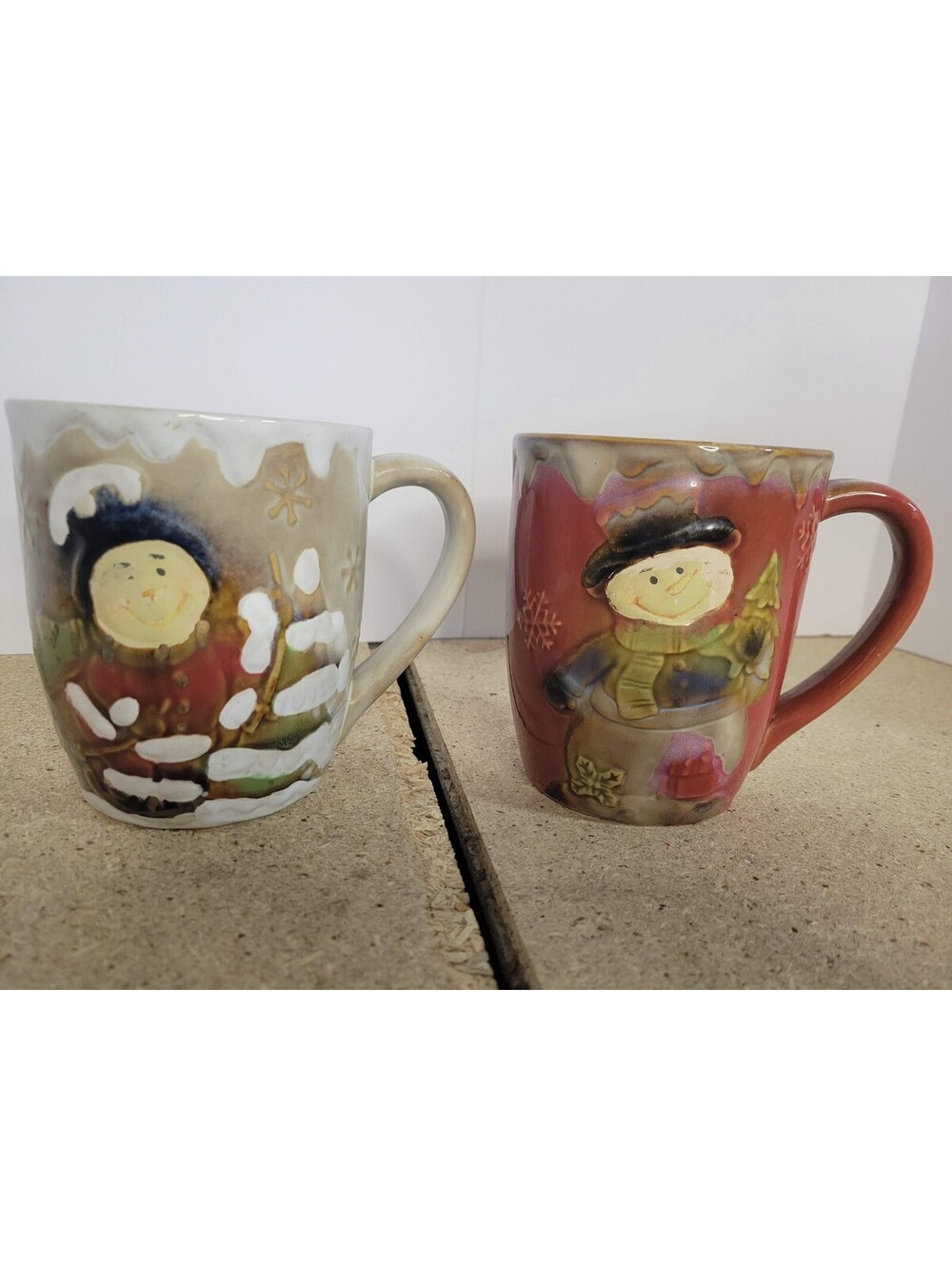 Christmas Snowman Ceramic Coffee Mugs Set Of 2 Primitive Winter Country Holiday